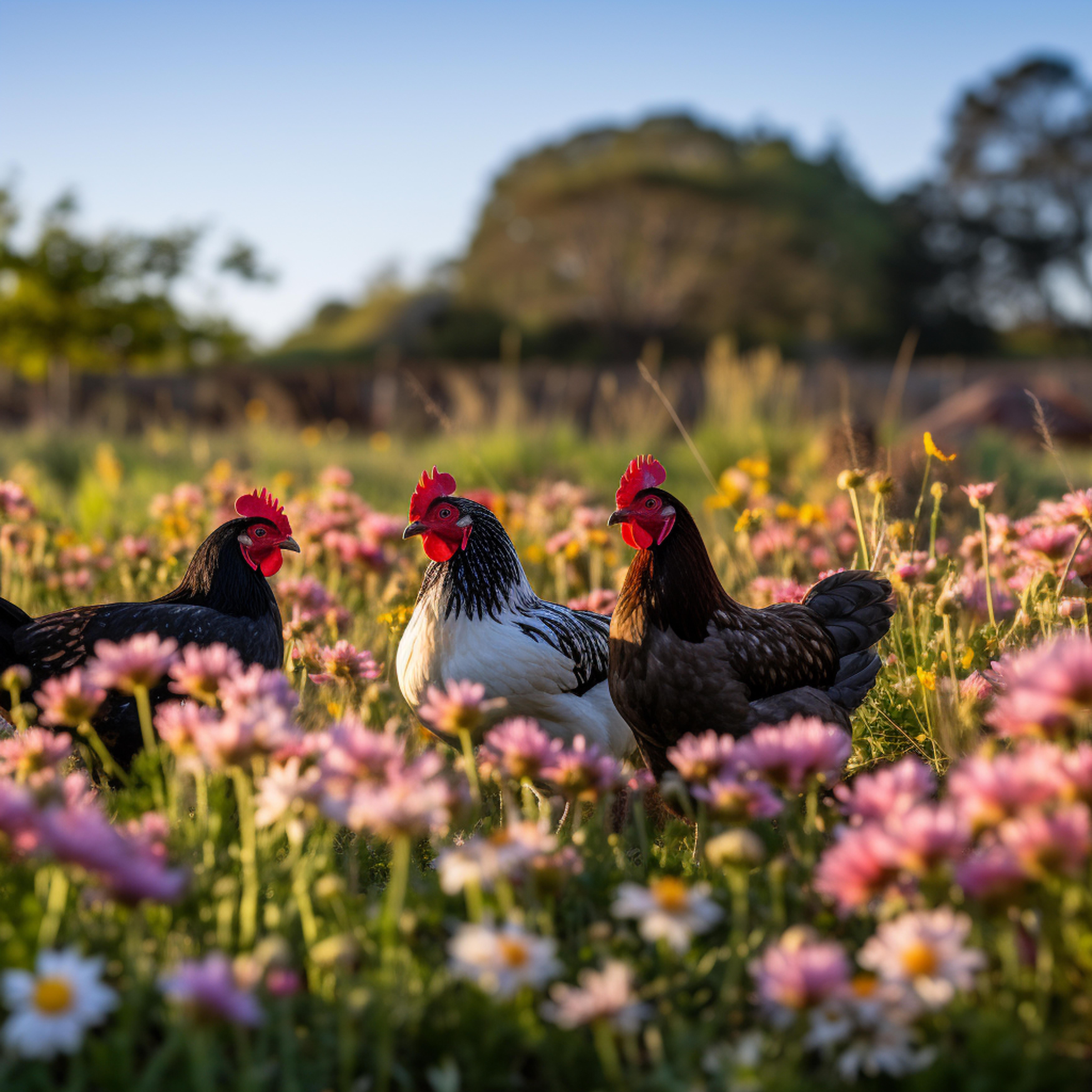 A serene Indian agricultural landscape featuring happy chickens and flourishing crops embodying sustainable farming principles